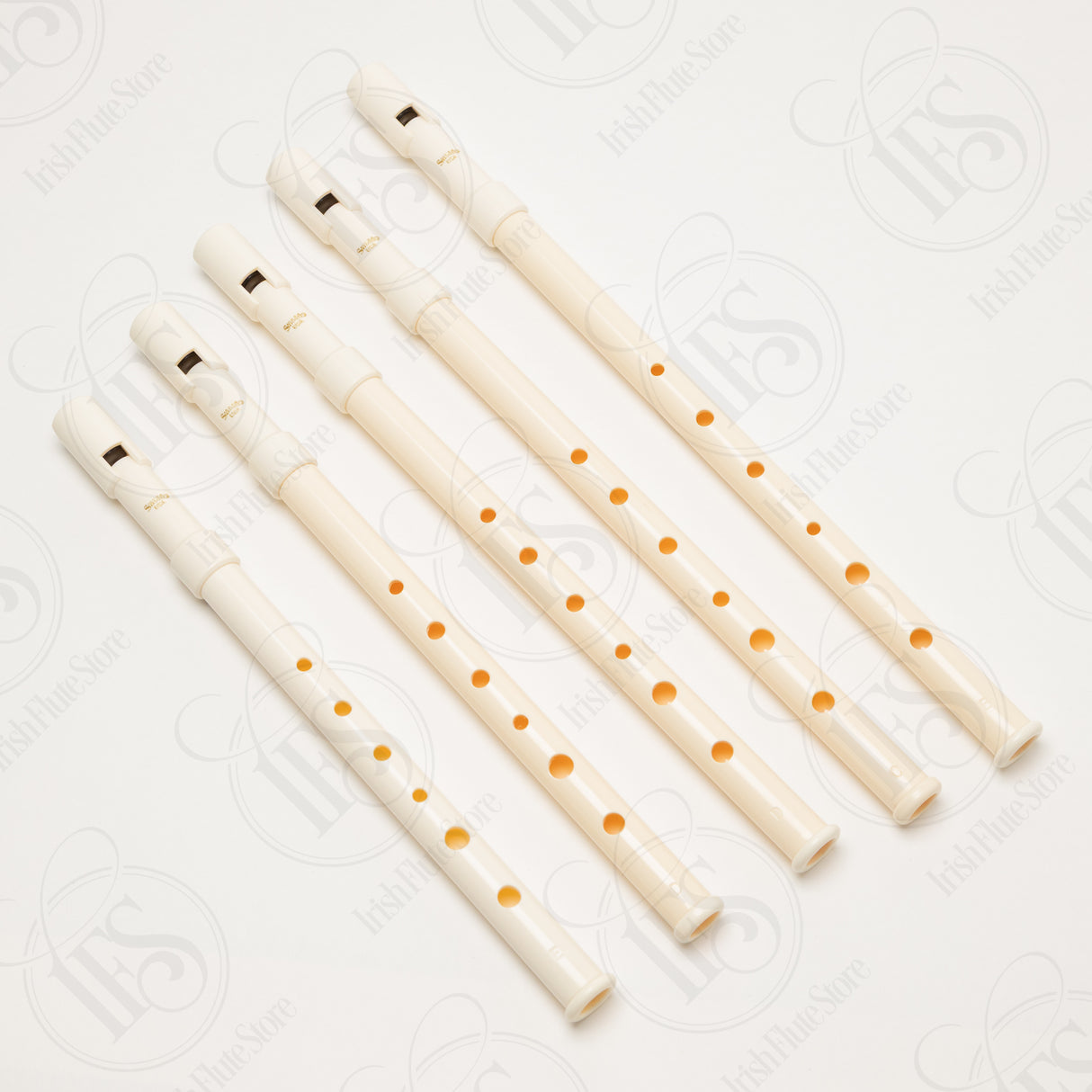 Set of five Susato whistles, B, C, Db, D, and E