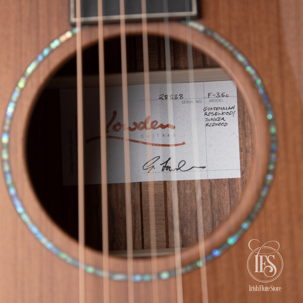 Lowden F35c Guatemalan Rosewood & Sinker Redwood Soundhole Label