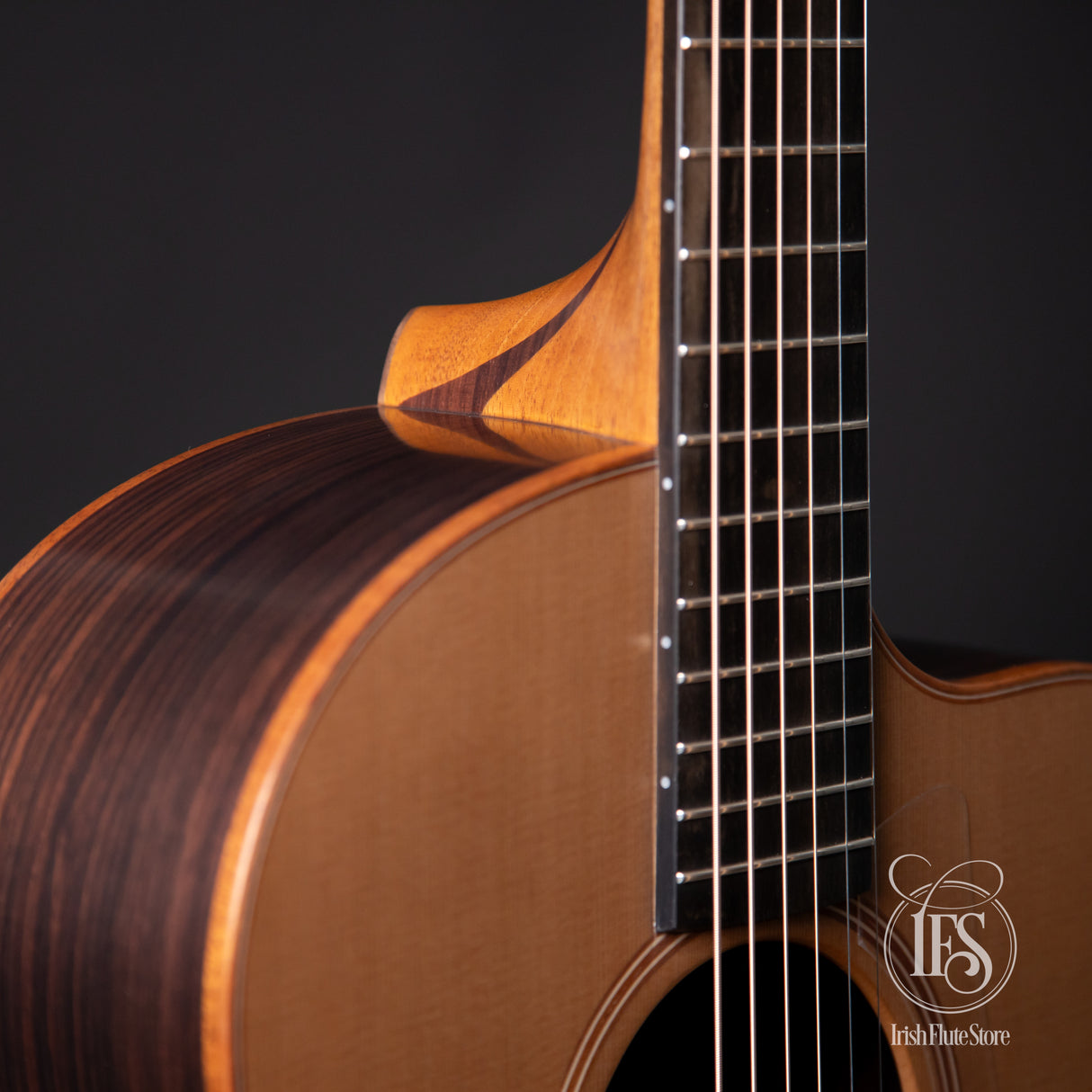 Lowden Guitars F25c Indian Rosewood & Red Cedar Left 3/4 Neck Joint Detail
