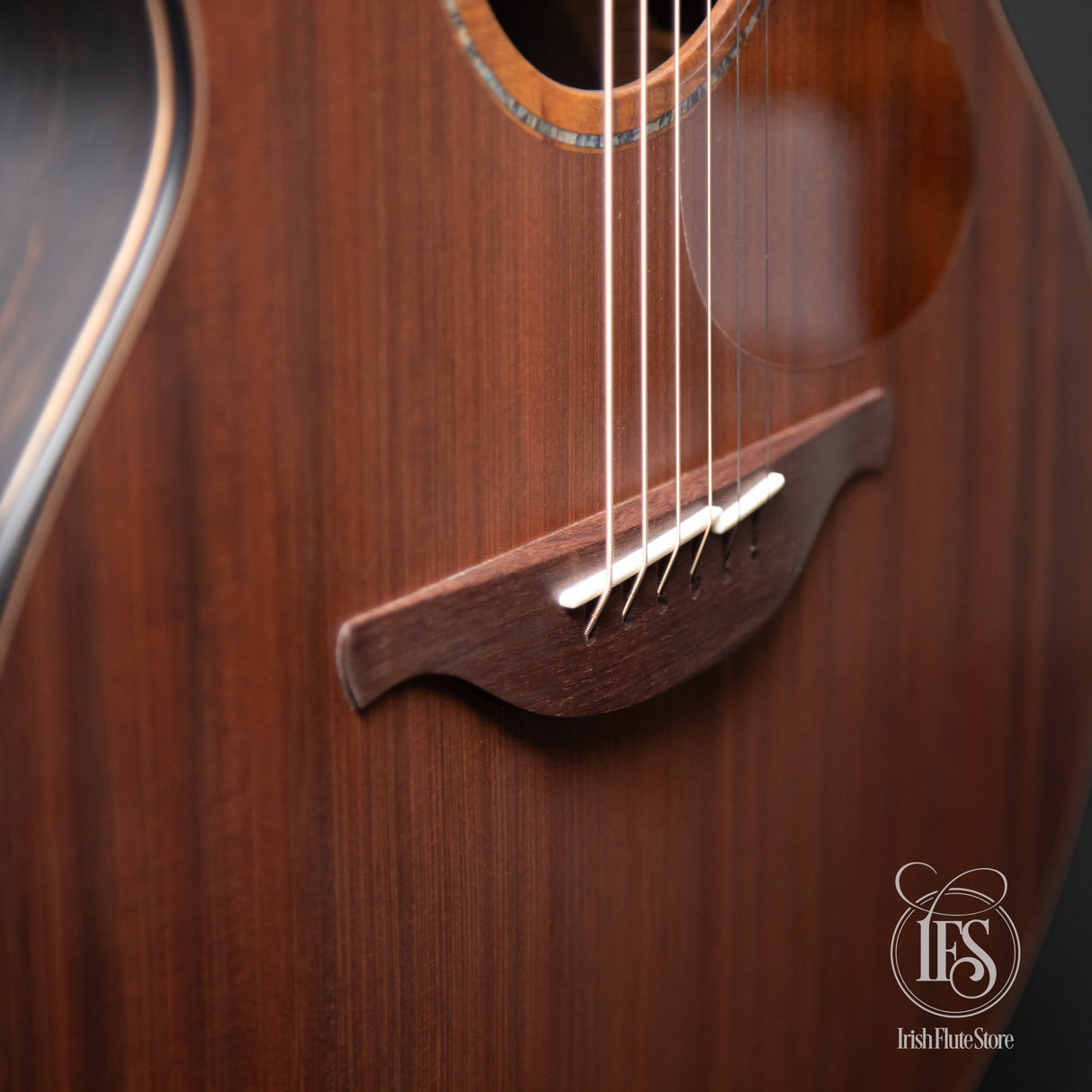 Lowden Guitars F50 African Blackwood & Sinker Redwood with Ebony Bevel Bridge Closeup